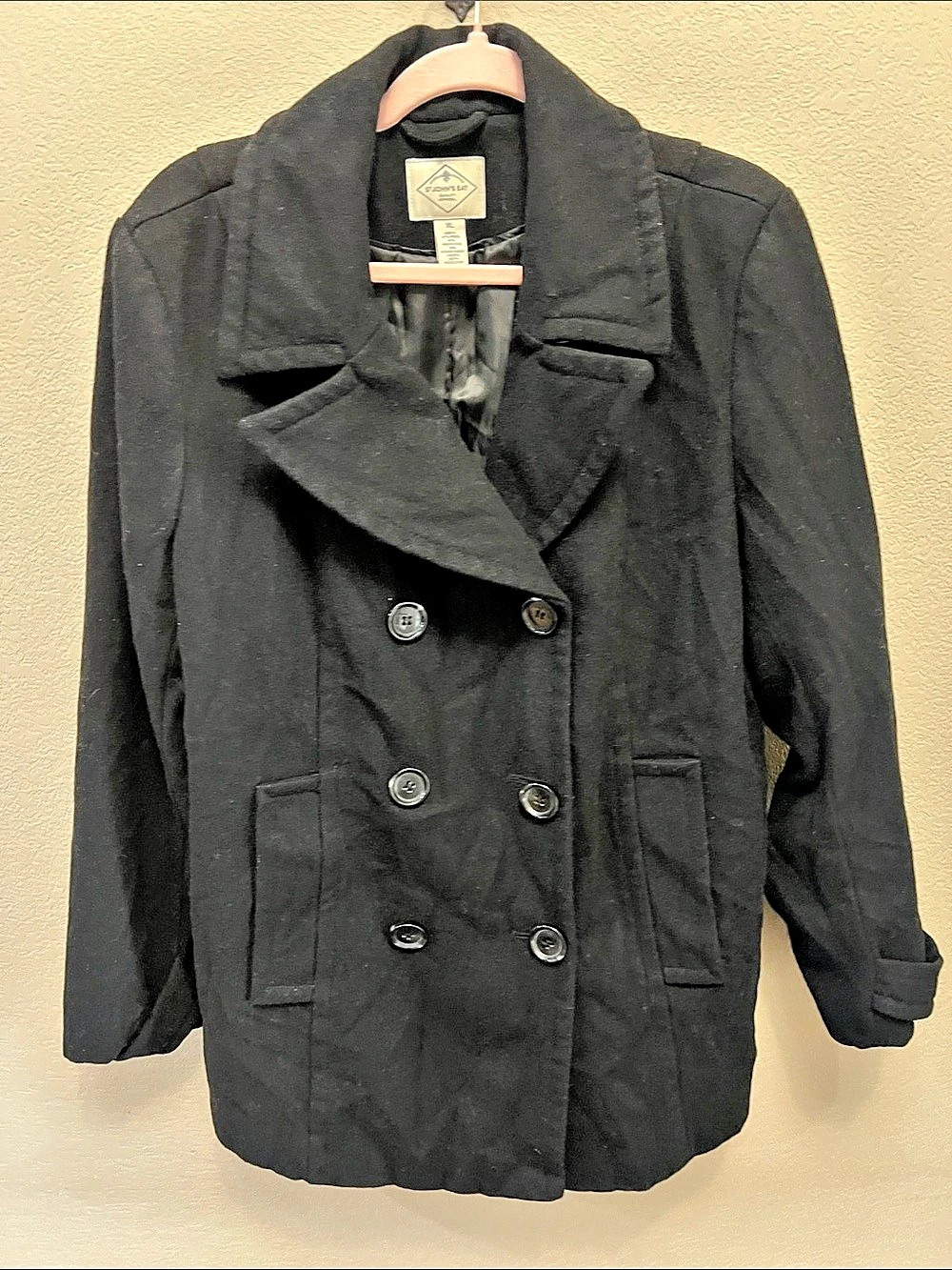 St. John's Bay Wool Blend Double-Breasted Peacoat Black XL